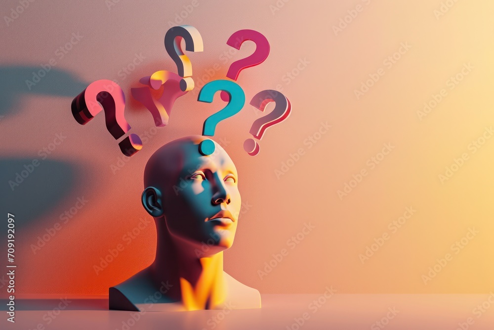 Poster mannequin bust with 3d question marks overhead, symbolizing thought process and contemplation