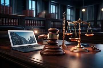 AI Law. Legal Gavel, Laptop and Astute Icons for Online Technology Regulation Control
