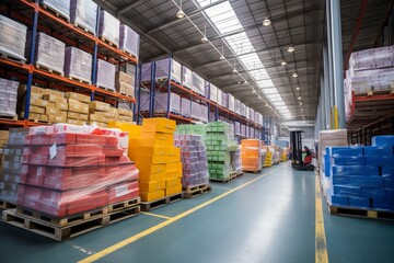 Colorful boxed warehouse stock for efficient and fast logistics delivery services. - obrazy, fototapety, plakaty