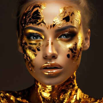 Closeup portrait of beautiful young woman with gold foil on her face. creative golden makeup on the face
