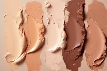 Cosmetic cream texture, beige foundation and pink primer on beige pink background.