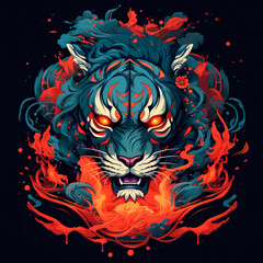 Fire tiger on the black background. Generative AI