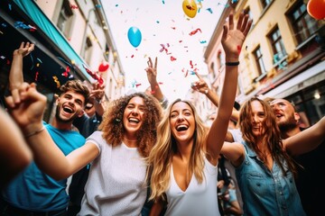 Happy people having a party on a street.