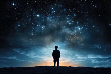 An man thinking about the vastness of the universe. - obrazy, fototapety, plakaty