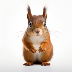 Fototapeta premium a cute squirrel facing the camera, the tail behind it, on a white background created with Generative Ai