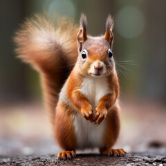 a cute squirrel facing the camera, the tail behind it, on a white background created with Generative Ai