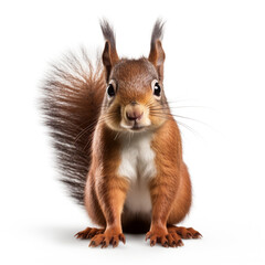 Fototapeta premium a cute squirrel facing the camera, the tail behind it, on a white background created with Generative Ai