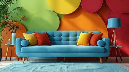 light blue loveseat sofa and side tables against of colorful circle patterned wall, Mid century interior design of modern living room