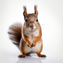 a cute squirrel facing the camera, the tail behind it, on a white background created with Generative Ai
