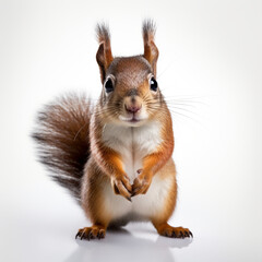 Fototapeta premium a cute squirrel facing the camera, the tail behind it, on a white background created with Generative Ai