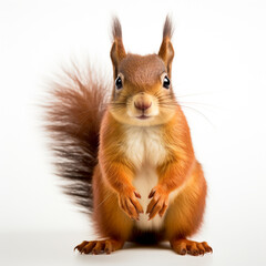 Obraz premium a cute squirrel facing the camera, the tail behind it, on a white background created with Generative Ai
