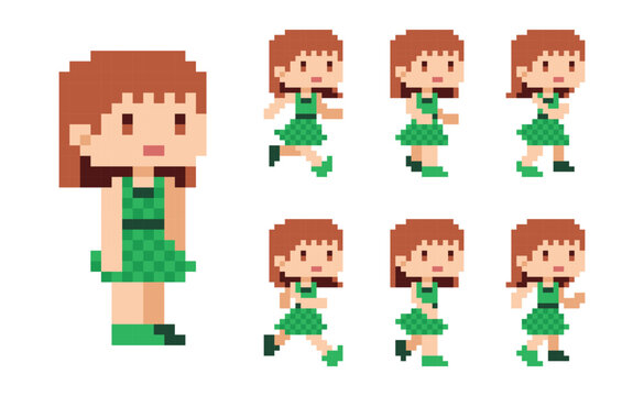 Pixel art 8 bit character cute girl character run animation