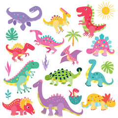 Fototapeta na wymiar Set of cute prehistoric dinosaurs. Animals of the ancient world. Isolated on a white background. For children's design of prints, posters, stickers, puzzles, etc. Vector illustration.