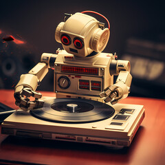 Retro robot playing vinyl records on a turntable.