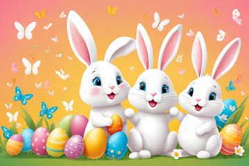 White Easter bunny rabbits in different poses and Easter eggs illustration on the color background. Generative Ai