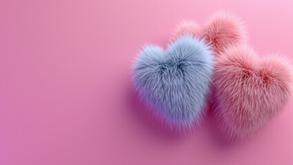 Several colorful fur hearts. Fur heart shapes on pink background, denoting love and care. Valentine's Day and happines.