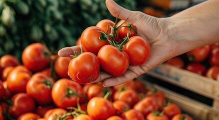 a hand is holding a fruit and vegetable stand full of red tomatoes