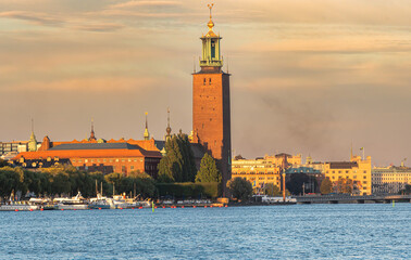 The city town hall in Stockholm, on the island of Kungsholmen, in the late summer evening sun. 