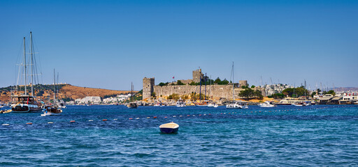Bodrum, Turkey, Aegean Sea, view of a city, an embankment with restaurants and the old castle of...