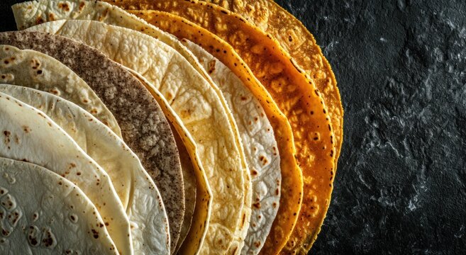 a range of different types of Mexican tortillas on a table on black background