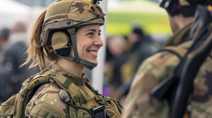 A smiling young lady with a helmet at a military expo - obrazy, fototapety, plakaty