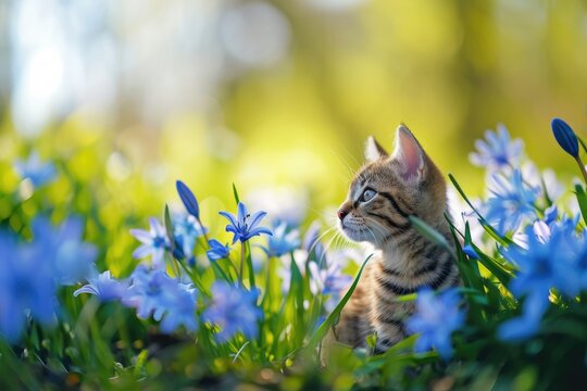 bluestar flowers in spring with beautiful light and cute cat