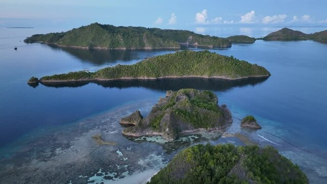 Craggy limestone islands, fringed by coral reefs, rise from the amazing seascape in Raja Ampat, Indonesia. These islands' reefs, and the surrounding seas, support extraordinary marine biodiversity.