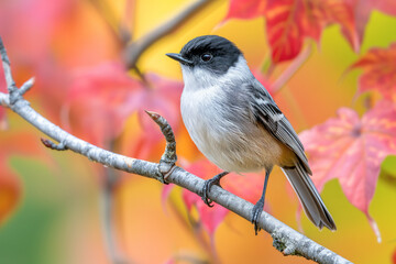 Obraz premium A small black and gray bird sit on branch with colorful background
