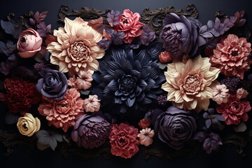 Beautiful dark flowers pattern background. Vintage. Floral card.