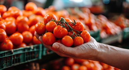 a hand is holding a fruit and vegetable stand full of red tomatoes - obrazy, fototapety, plakaty