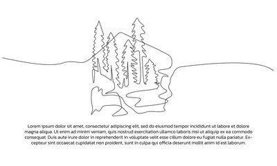 View of pine trees in the mountains one continuous line design. Decorative elements drawn on a white background.