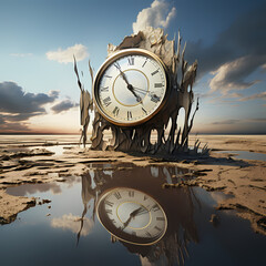 Surreal clock melting in a distorted landscape.