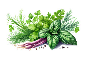 Herbs, basil, chives, parsley, dill isolated on white background, watercolor art design