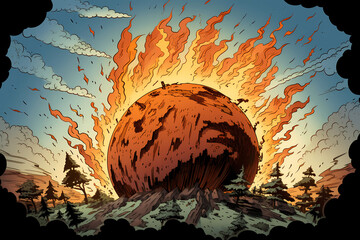 Planet Earth burning and being destroyed. Climate change and meteorite. Perspective of the end of the world. Cartoon style. Generative AI