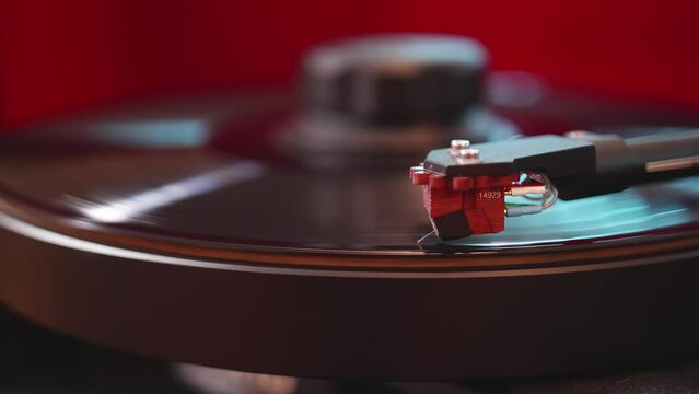 Needle on a vinyl record of gramophone. Vinyl record player. Vilnius, Lithuania - 06 11 2023. 