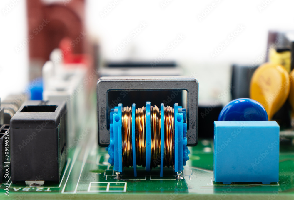Poster circuit board with resistors microchips and electronic components background. computer hardware tech