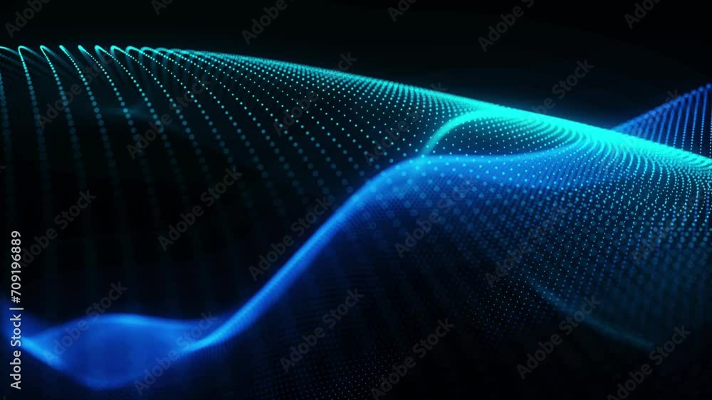 Poster wave of particles. futuristic dots pattern on dark background. big data digital code. technology or 