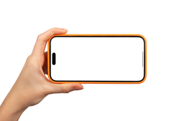 Berlin Germany December 21 2023 Hand hold iphone screen mockup, horizontal phone isolated on white