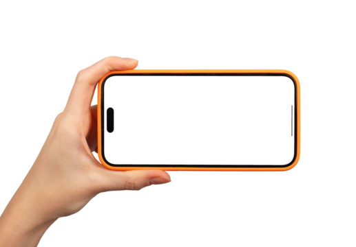 Berlin Germany December 21 2023 Hand hold iphone screen mockup, horizontal phone isolated on white