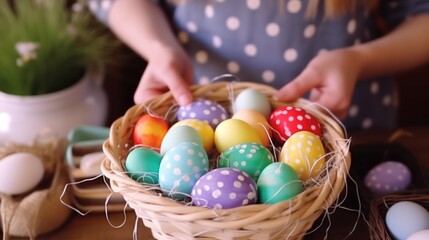 Fototapeta na wymiar A basket with Easter eggs in women's hands. Celebrate the beauty of Easter with this delightful photo, featuring a basket filled with hand-painted eggs, adding a touch of charm to any table.