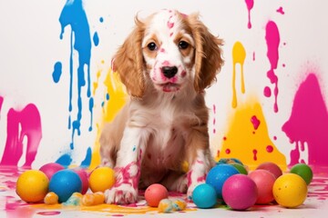 A curious puppy sits among paint-splattered Easter eggs, creating a fun and messy holiday scene.