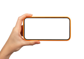 Hand holding horizontal mobile phone screen mockup, smartphone isolated on white - obrazy, fototapety, plakaty