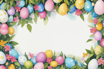 Easter watercolor spring background. Top view composition. Easter card. Paper sheet with paintbrush, eggs and spring flowers on blue or white background. Generative Ai