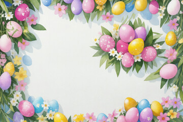 Naklejka na ściany i meble Easter watercolor spring background. Top view composition. Easter card. Paper sheet with paintbrush, eggs and spring flowers on blue or white background. Generative Ai