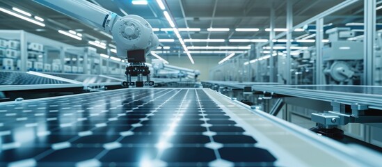 Automated assembly line with robot arm places solar cells at modern factory.