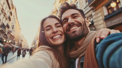 Fototapeta premium Couple taking selfie with romantic and happy emotion, valentine's day
