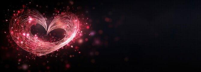 pink glitter swirl 3d render heart shape horizontal banner isolated on black with copy space right. Valentine day poster.