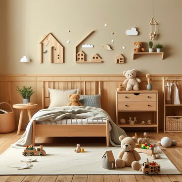 Cute bedroom with wooden design and toys, copy space on empty beige wall