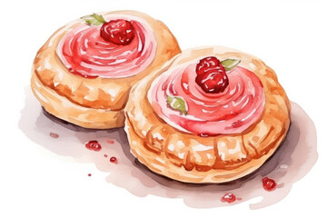 Obraz na płótnie Canvas Delicious Watercolor Illustration of Tasty Desserts: Food, Cake, and Sweets on a White Background