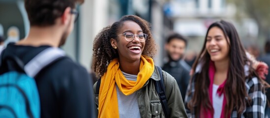 Cheerful professionals and students enjoying themselves, conversing and grinning in the urban area.